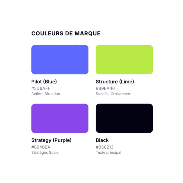 Couleurs de marque du design system : Pilot (bleu), Structure (lime), Strategy (violet), Black